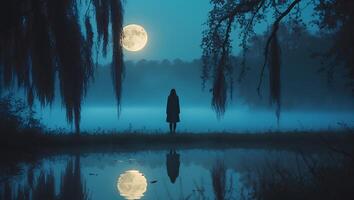 Woman Stands Near Lake Under Moonlight photo