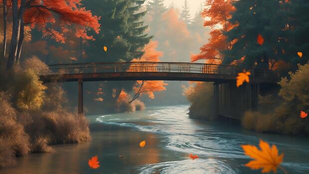 otoño río paisaje con puente foto