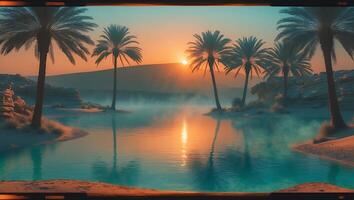 Desert Oasis with Palm Trees at Sunset photo