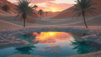 A desert scene with palm trees and water photo