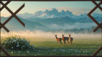 Deer in Mountain Meadow View From Window photo