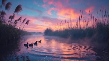 Ducks Swimming in Calm Water During Sunset photo