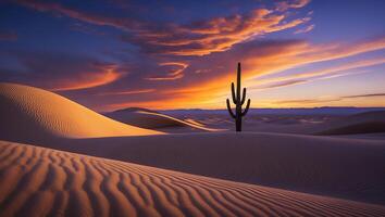 A desert landscape with a cactus tree in the foreground photo