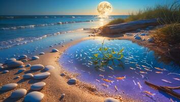 Beach at Night with Moon and Fish photo