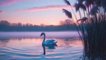 Swan Swimming in Lake at Sunrise photo