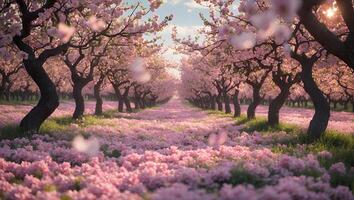 Cherry Blossoms Blooming in Orchard photo