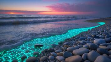 Glowing Water on Pebble Beach at Sunset photo