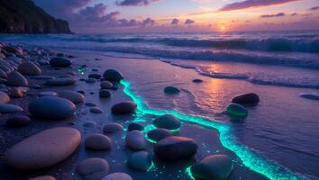 Pebble Beach at Dusk with Glowing Waves photo