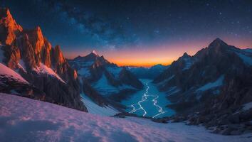 Mountain Landscape with Snow, River, Stars photo