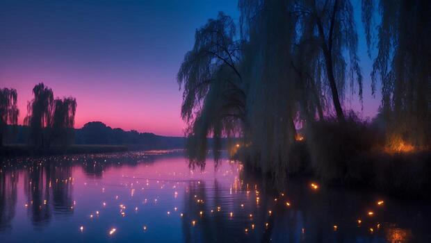 Willow Tree at Dusk Over Lake with Lights photo