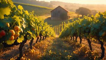 Vineyard with Barn in Scenic Countryside Landscape photo