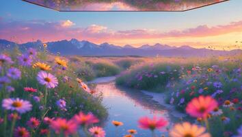 Flower Meadow with Stream and Mountains at Sunset photo
