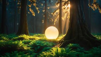 Glowing Orb in Forest at Sunrise photo