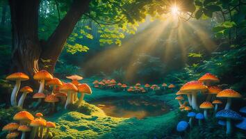 Mushrooms in the forest with sunlight shining through the trees photo