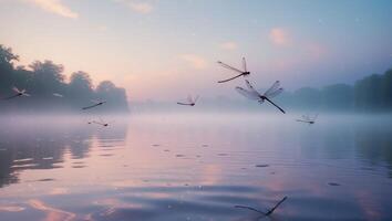 Dragonfly Flight Over Misty Lake at Dawn photo