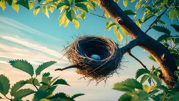 Nest with Egg in Tree Branch Against Sky photo
