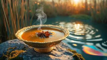 Hot Soup with Star Anise on Rock by Pond at Sunset photo