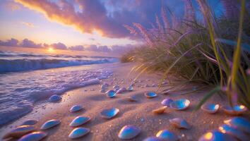 A beach with shells and grass on the sand photo