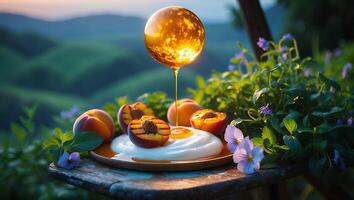 Peaches with Sphere Drizzled with Honey photo