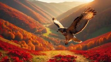 Flying Hawk Over Autumn Valley photo