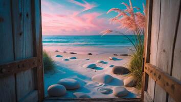 Beach with Open Door, Sand, and Ocean View photo