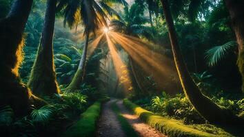 Tropical Forest Path with Sun Rays photo