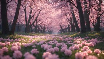 Pink Blossoms in Forest photo