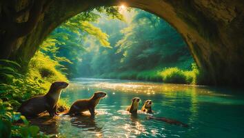 Otter Family in Green River Under Stone Bridge photo