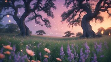 Tree in Meadow at Sunset photo