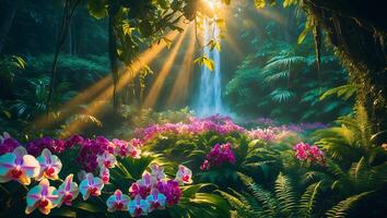 Waterfall with Orchids in Sunlight photo