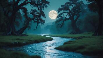River Moonlight Forest Night photo