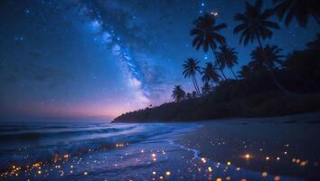 Beach at Night with Milky Way and Palm Trees photo
