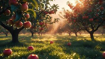 Apple Orchard with Sunlight and Red Apples photo