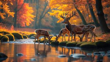 Deer by River in Autumn Forest photo
