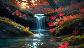 Autumn Waterfall Scene with Red Leaves photo