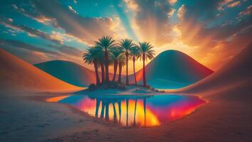 Oasis with Palm Trees at Sunset in Desert photo