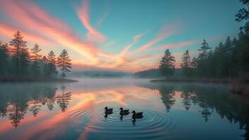 Ducks on Lake at Sunset with Forest Reflection photo