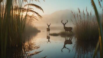 Two Deer Standing in Lake During Sunrise photo