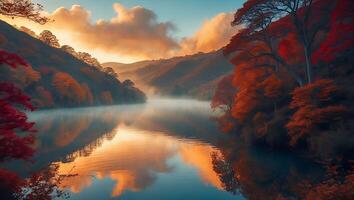 Autumn Landscape with Lake, Mountain, and Forest - Red and Orange Trees Reflection photo