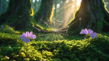Spiderweb with Dew Drops on Forest Floor and Pink Flower photo