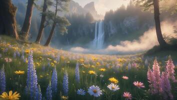 Waterfall and Flower Meadow Landscape photo