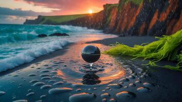 Black Ball on Beach with Sunset and Rain photo