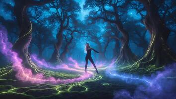 Woman in Dark Forest Surrounded by Magic photo