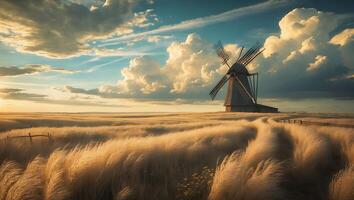 Windmill in Field at Sunset Landscape photo
