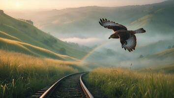 Hawk Flying Over Railway Track in Scenic Landscape photo