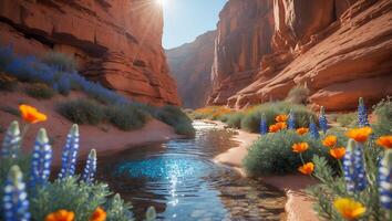 Canyon River with Desert Flowers Under Bright Sun photo