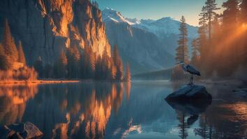 Heron on Rock in Lake with Mountain View photo