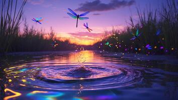 Dragonflies Over Water at Sunset photo