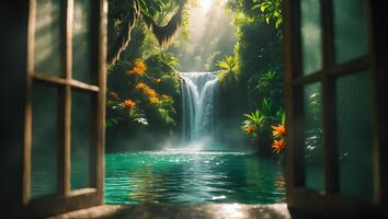 Waterfall Through Window View in Tropical Setting photo