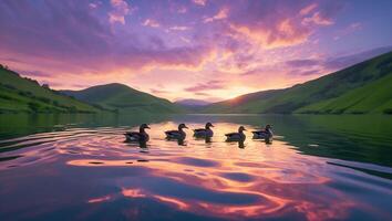 Ducks Swimming on Lake at Sunset with Hills in Background photo